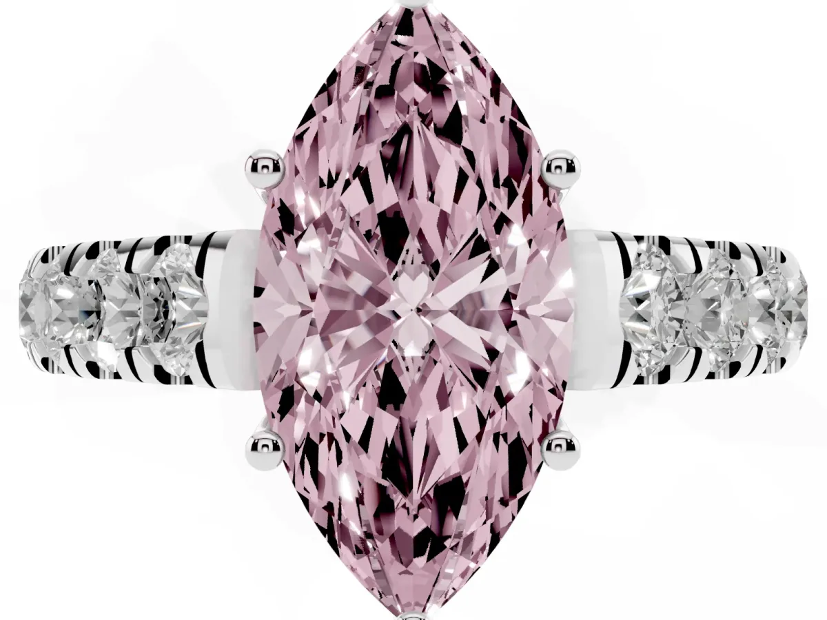 Fancy Pink Marquise Cut Cut Diamond Solitaire Ring with Micro Pave Band and Prong Setting Silver