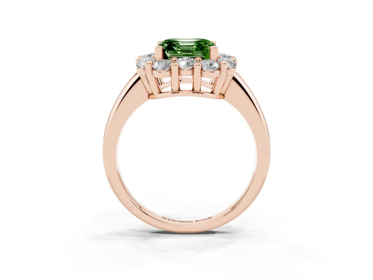Fancy Green Asscher Cut Halo Cluster Diamond Engagement Ring with Prong Setting and Polished Band Rose gold