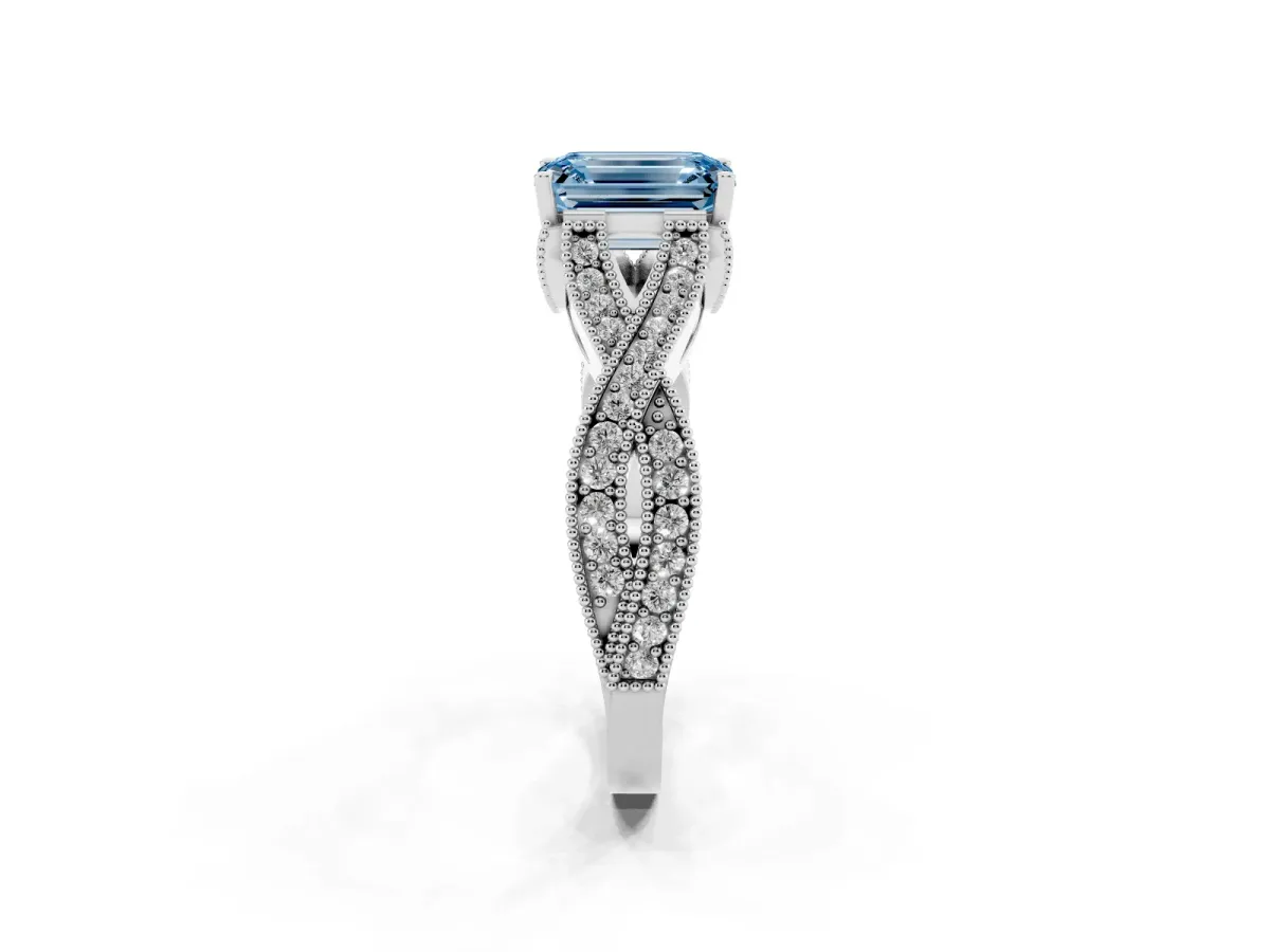 Fancy Blue Emerald Cut Cut Diamond Twisted Band with Milgrain Pave Setting and Four-Prong Setting Silver