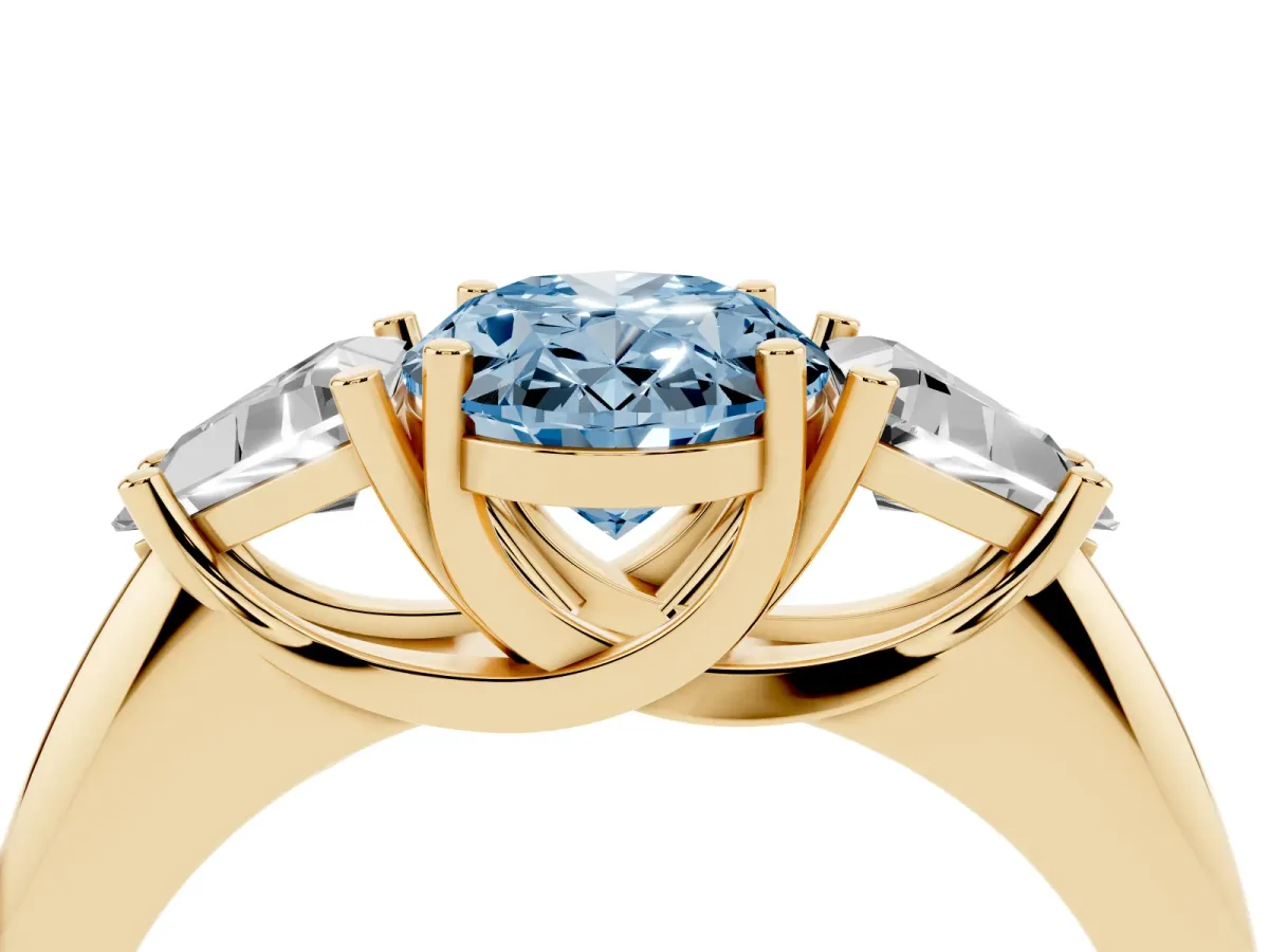 Fancy Blue Three-Stone Oval Cut Diamond Engagement Ring with Trillion Side Stones and Prong Setting Yellow gold