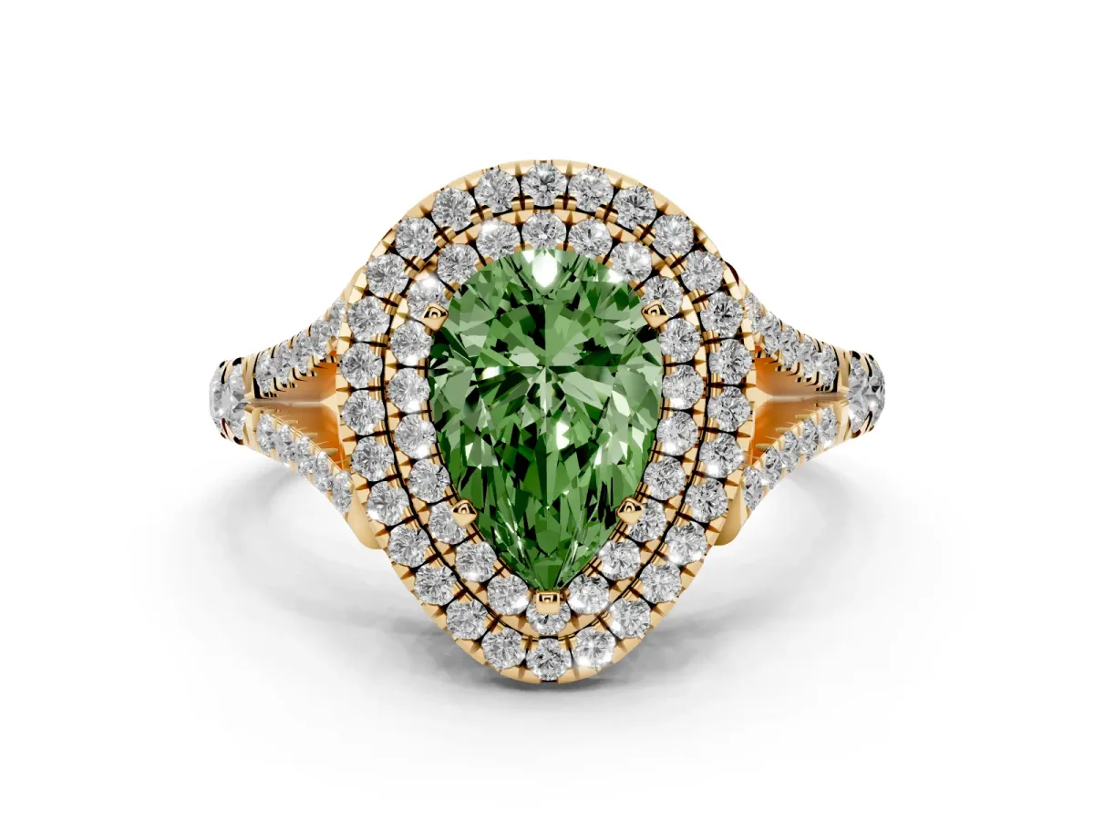Fancy Green Pear Cut Diamond Pavé Split Shank Double Halo Engagement Ring Yellow gold