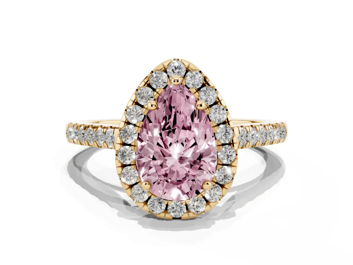 Fancy Pink Pear Cut Halo Pavé Diamond Engagement Ring with Four-Prong Setting Yellow gold
