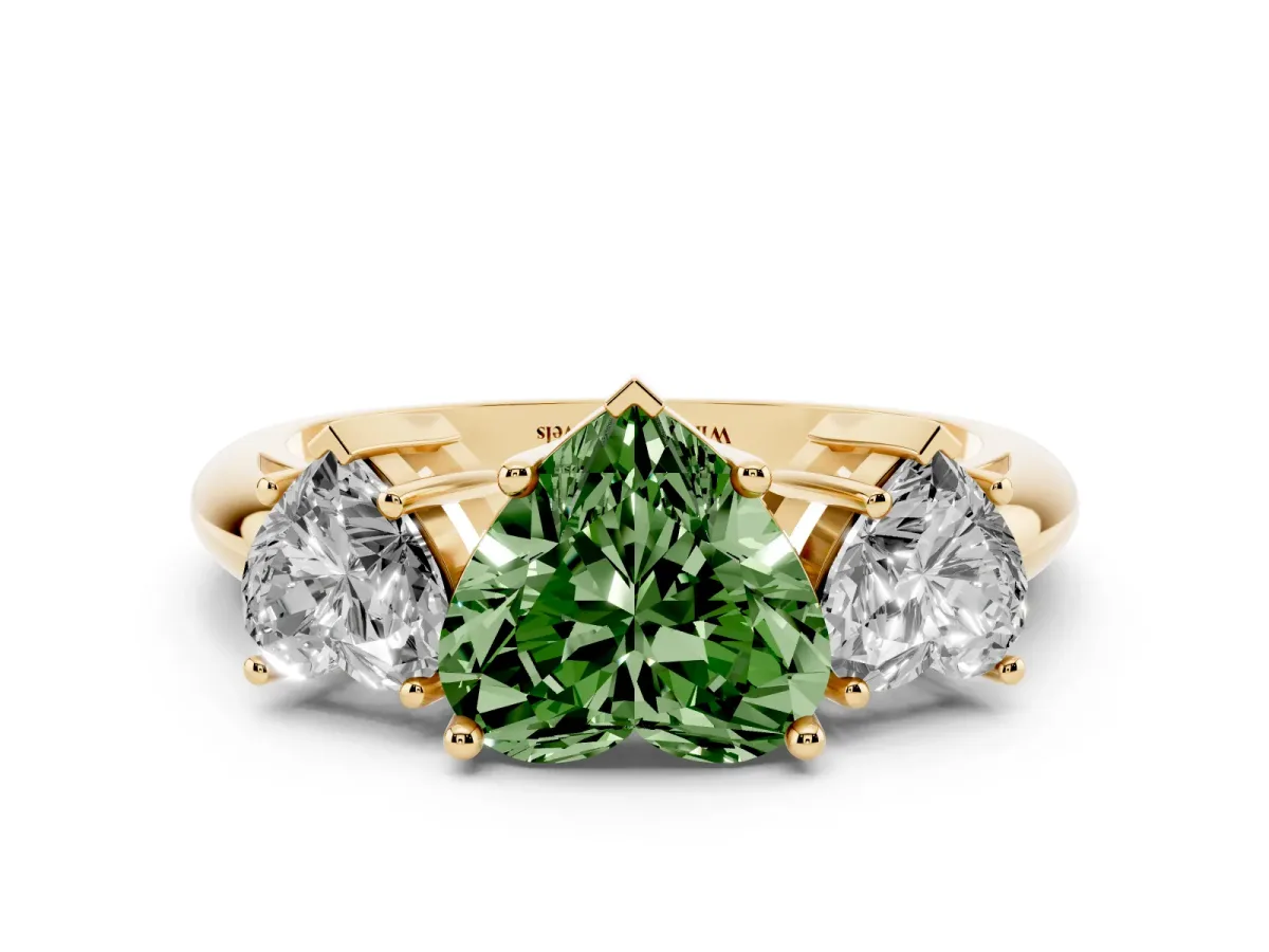 Fancy Green Three-Stone Heart Cut Cut Diamond Engagement Ring with Prong Setting on a White Gold Band Yellow gold