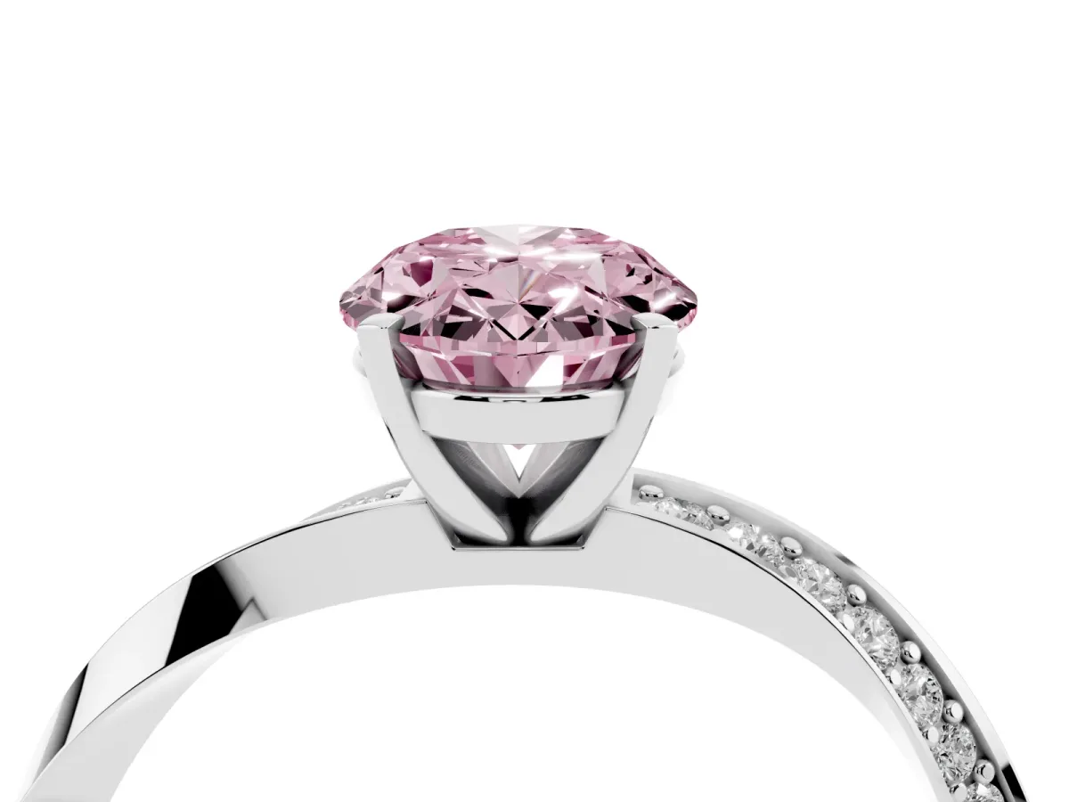 Fancy Pink Oval Cut Diamond Engagement Ring with Side Stone Accents and Four-Prong Setting Silver