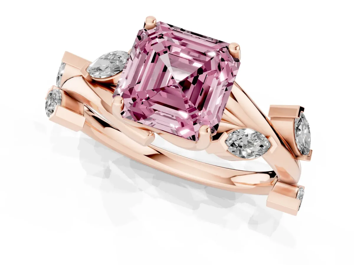 Fancy Pink Asscher Cut Solitaire Twisted Band Marquise Accent Prong Setting Ring Rose gold