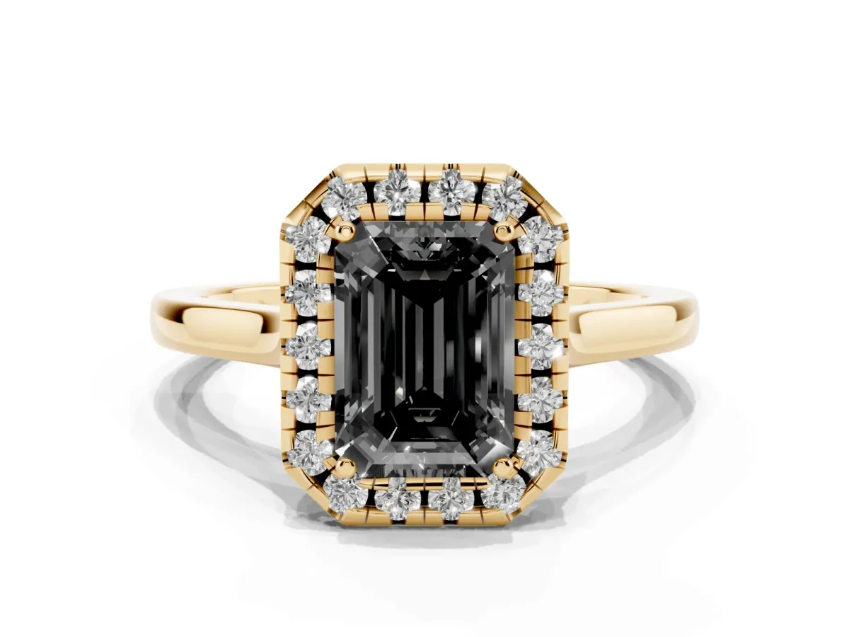 Fancy Black Emerald Cut Halo Round Diamond Solitaire Ring with Pavé Band and Four-Prong Setting Yellow gold
