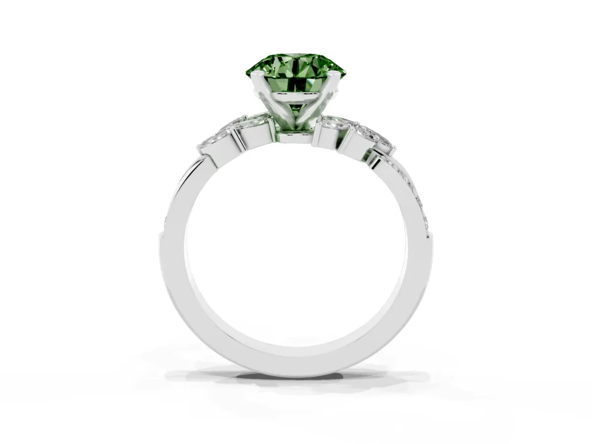 Fancy Green Round Cut Solitaire Marquise Twist Band with Six-Prong Setting Silver