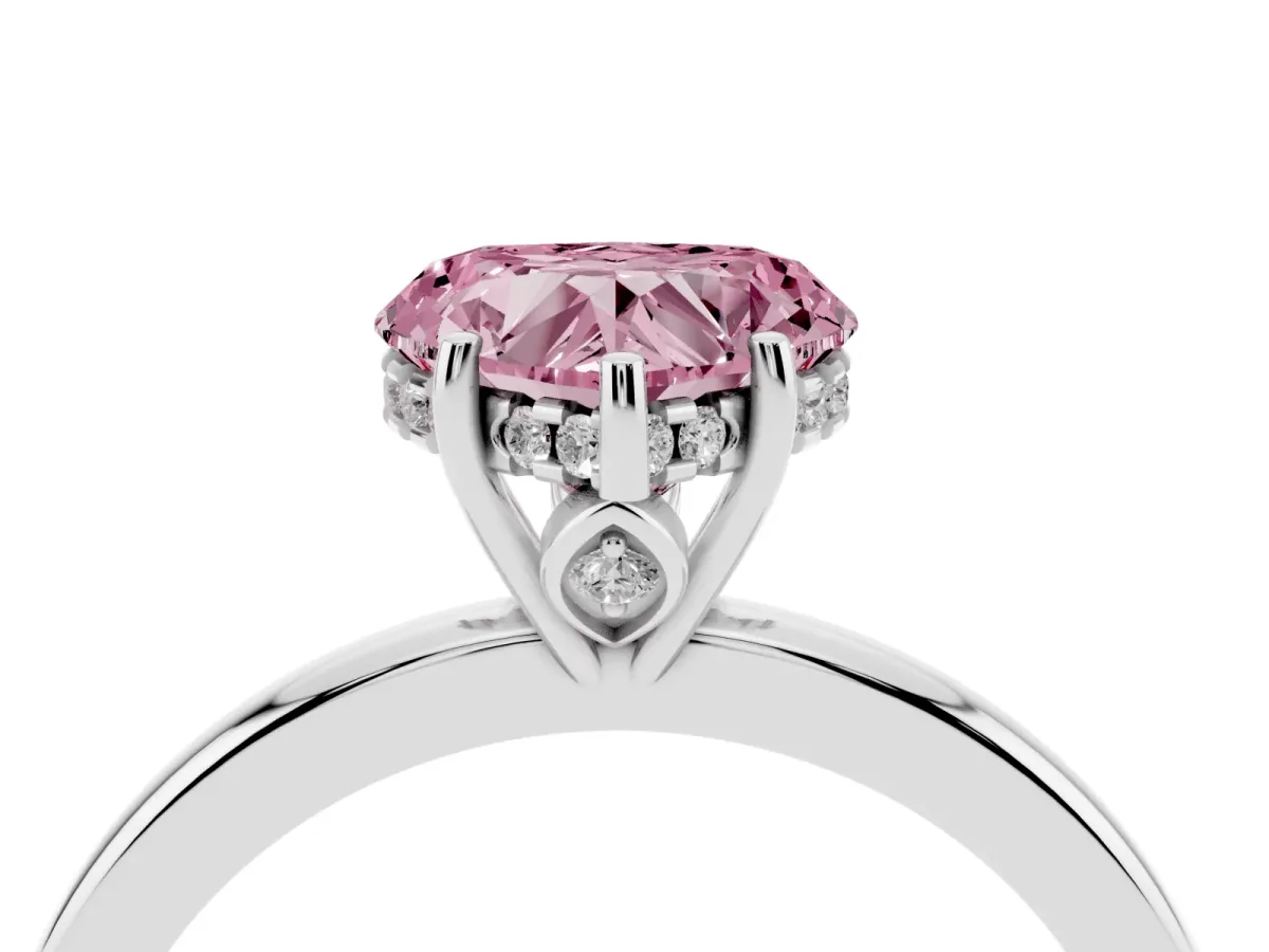 Fancy Pink Heart Cut Solitaire Diamond Ring with Prong Setting and Plain Band Platinum