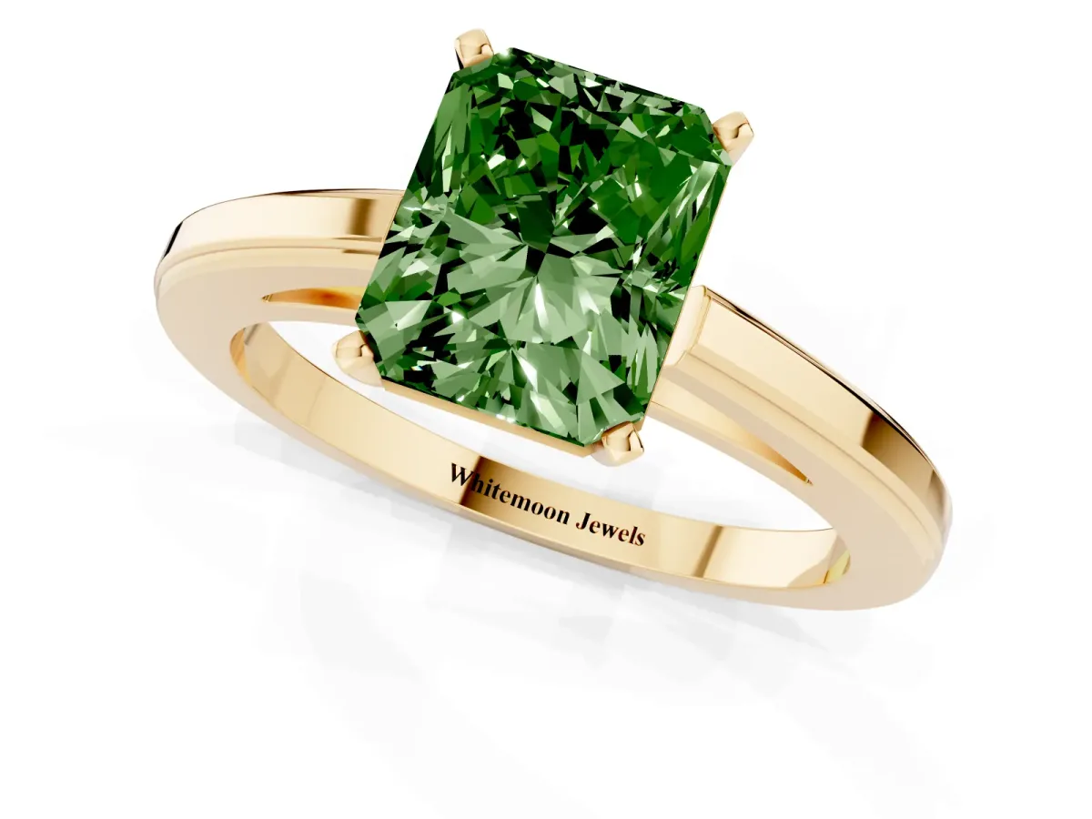 Fancy Green Radiant Cut Solitaire Diamond Ring with Four-Prong Setting and Classic Band Yellow gold