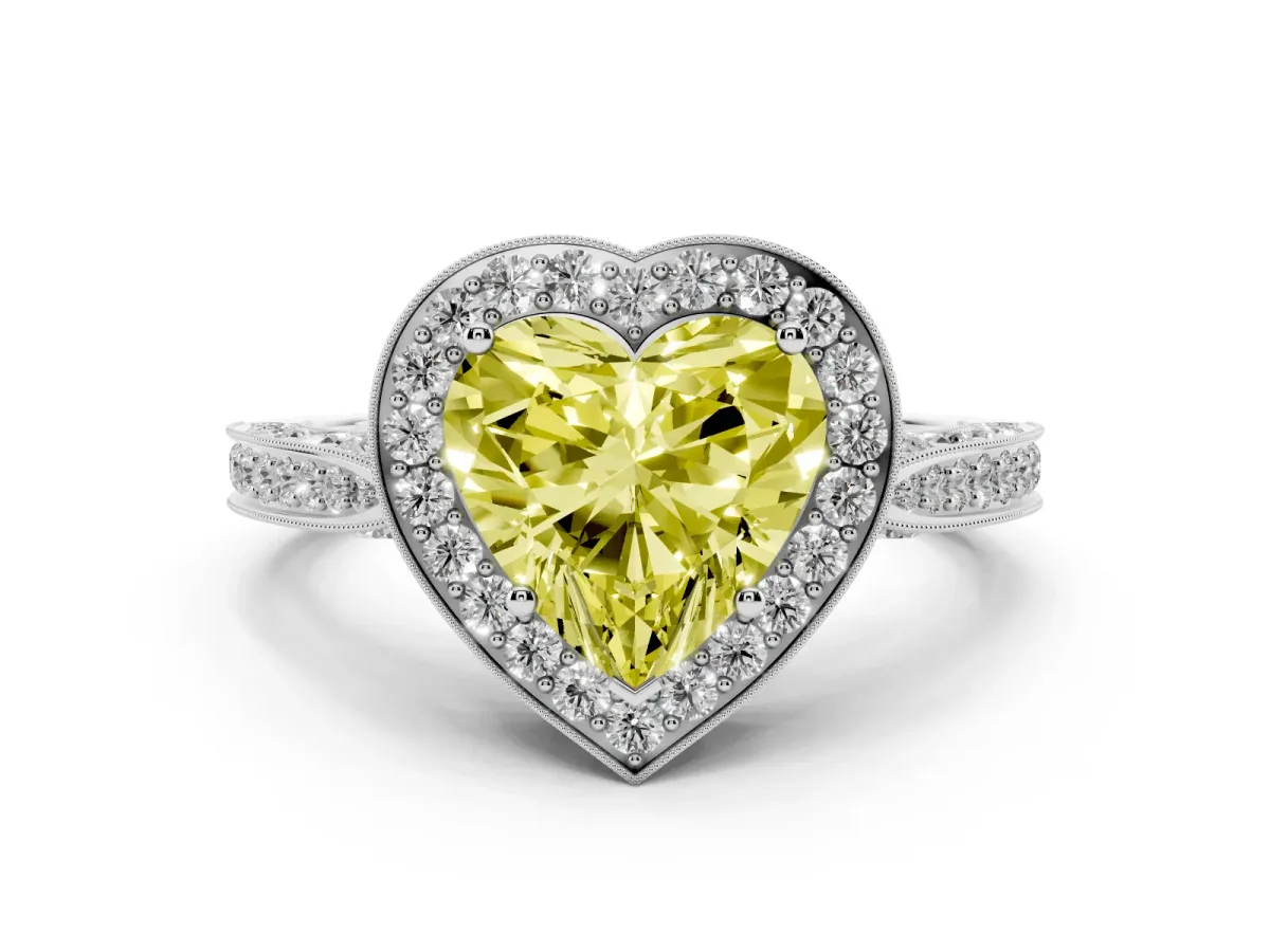 Fancy Yellow Heart Cut Halo Diamond Engagement Ring with Split Shank Band and Four-Prong Setting Silver