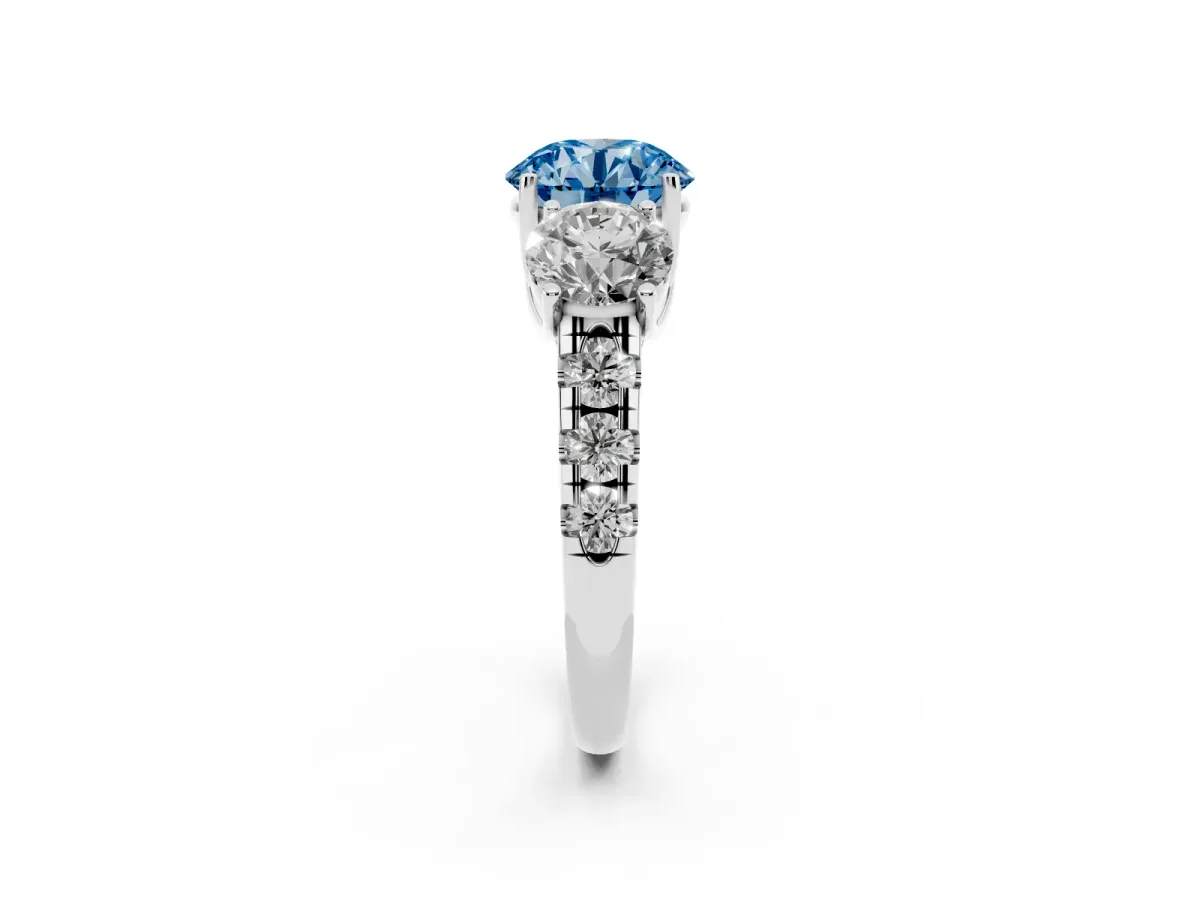Fancy Blue Three-Stone Round Cut Diamond Pavé Band with Prong Setting Platinum