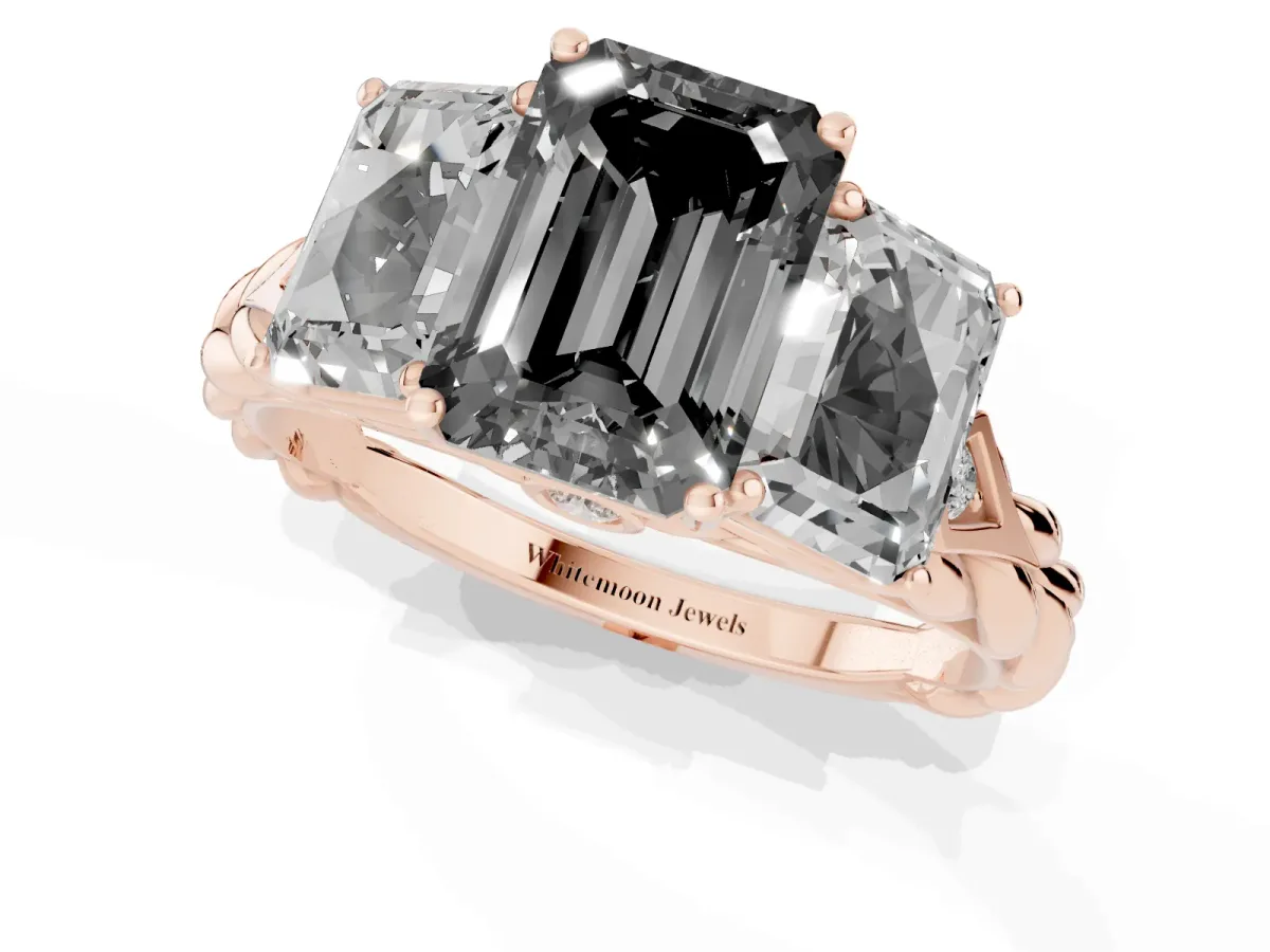 Fancy Black Three-Stone Emerald Cut Diamond Braided Band Ring with Four-Prong Setting Rose gold