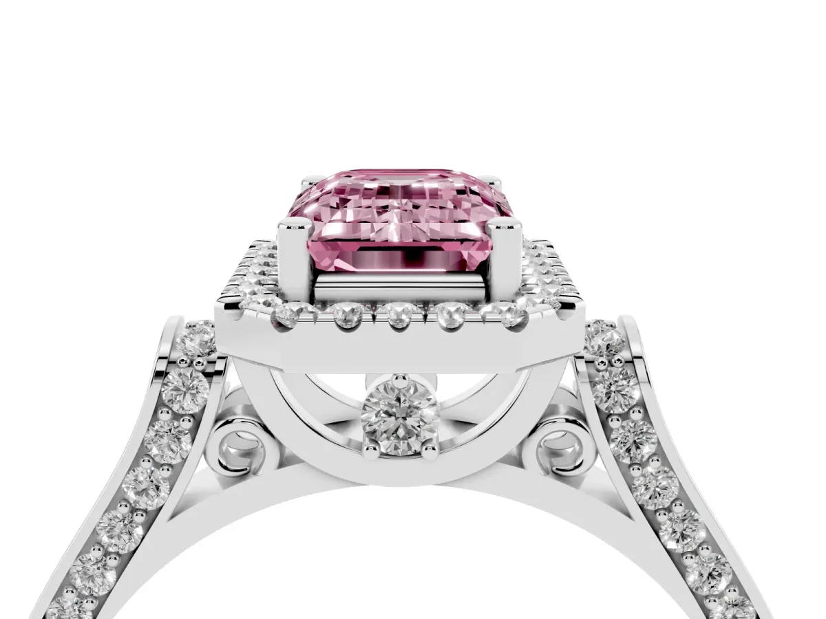 Fancy Pink Emerald Cut Halo Pave Split Shank Prong Setting Ring Silver