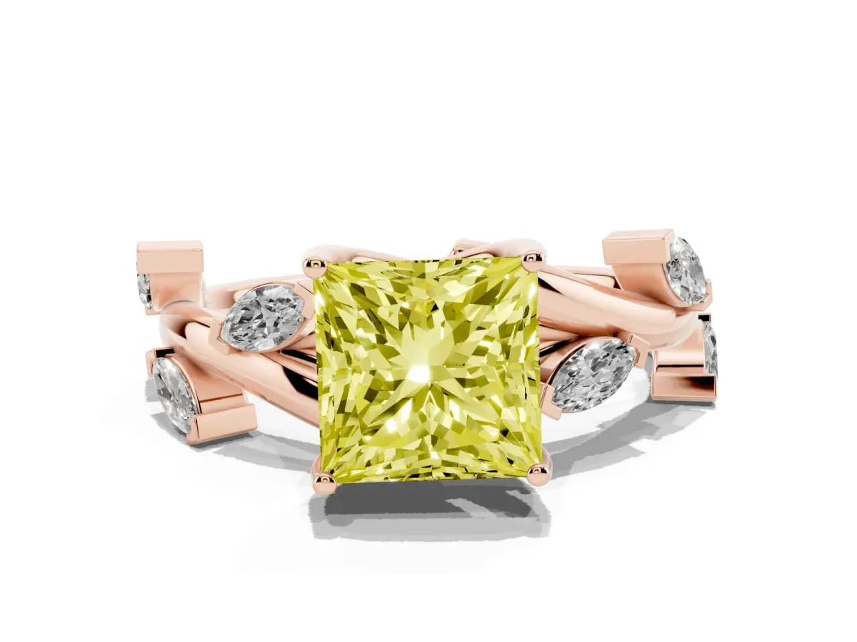 Fancy Yellow Princess Cut Solitaire Twisted Band Marquise Accent Prong Setting Ring Rose gold