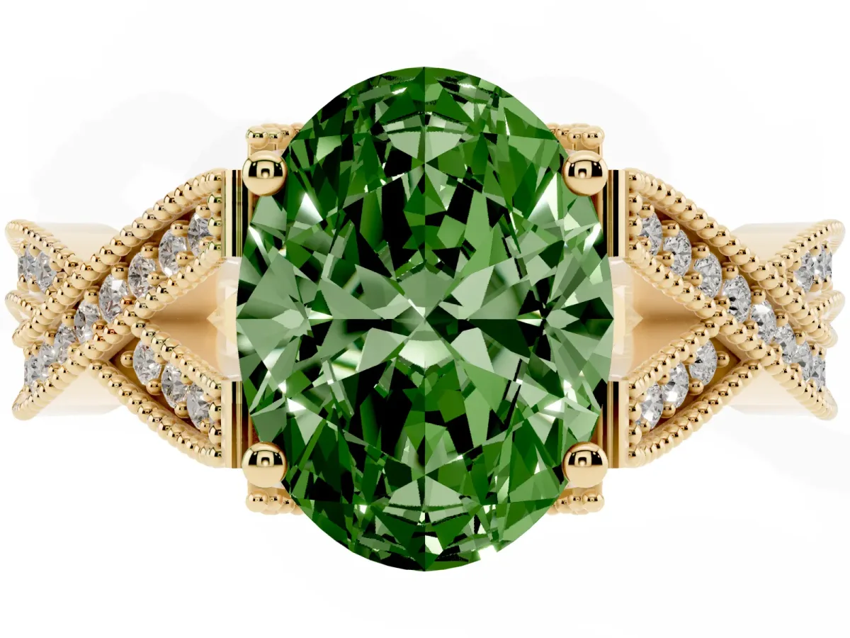 Fancy Green Oval Cut Cut Diamond Twisted Band with Milgrain Pave Setting and Four-Prong Setting Yellow gold