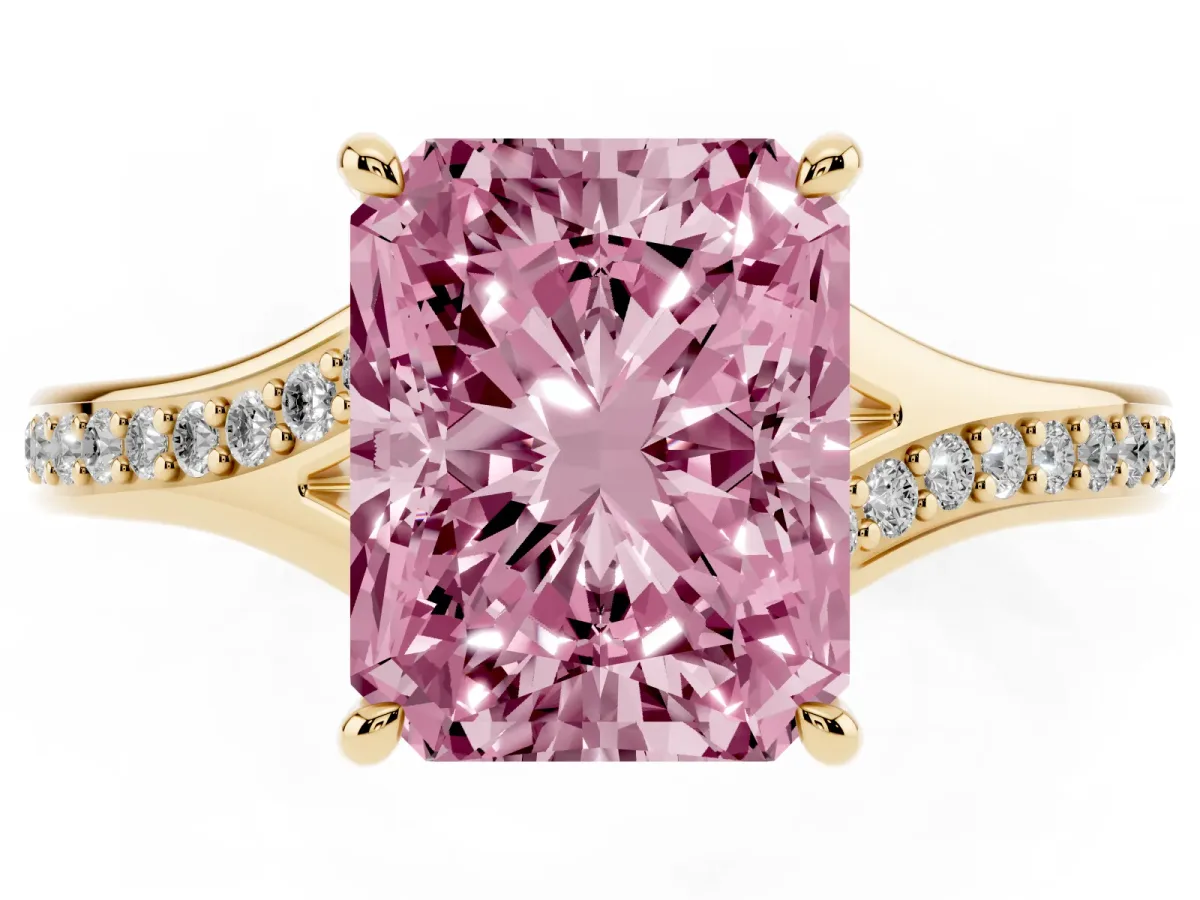 Fancy Pink Radiant Cut Diamond Solitaire Ring with Pavé Band and Prong Setting Yellow gold