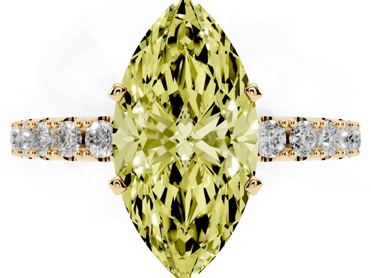 Fancy Yellow Marquise Cut Diamond Solitaire Pavé Band with Four-Prong Setting Yellow gold