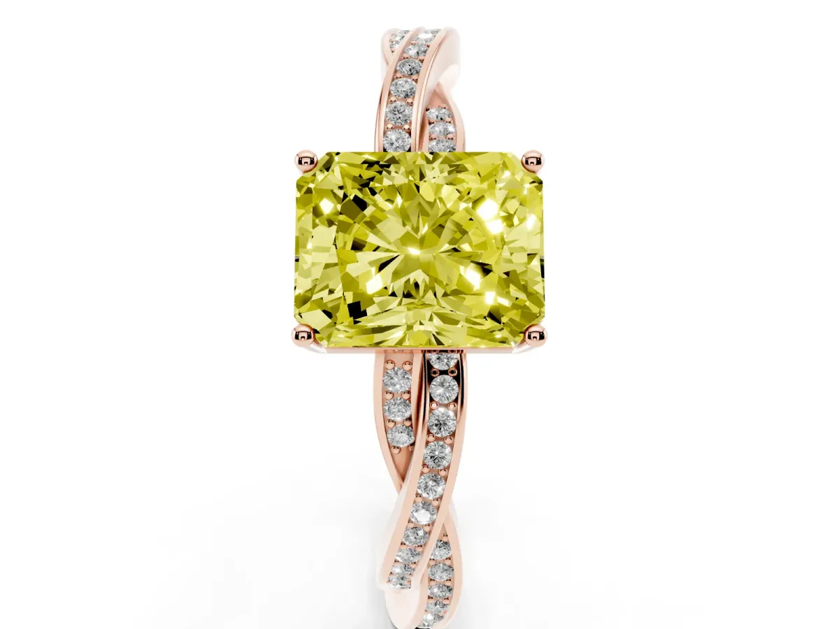 Fancy Yellow Radiant Cut Solitaire Twisted Pave Diamond Ring with Four-Prong Setting Rose gold