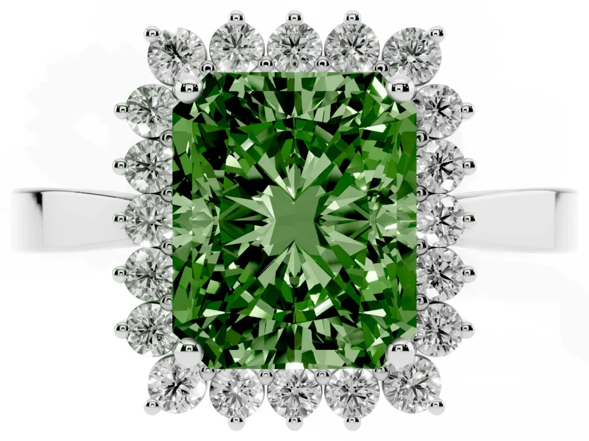 Fancy Green Radiant Cut Cut Diamond Halo Ring with Round Brilliant Halo and Solitaire Band Silver