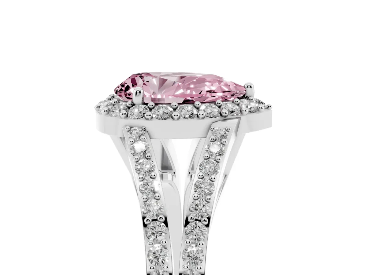 Fancy Pink Pear Cut Halo Split Shank Diamond Ring with Prong Setting Silver