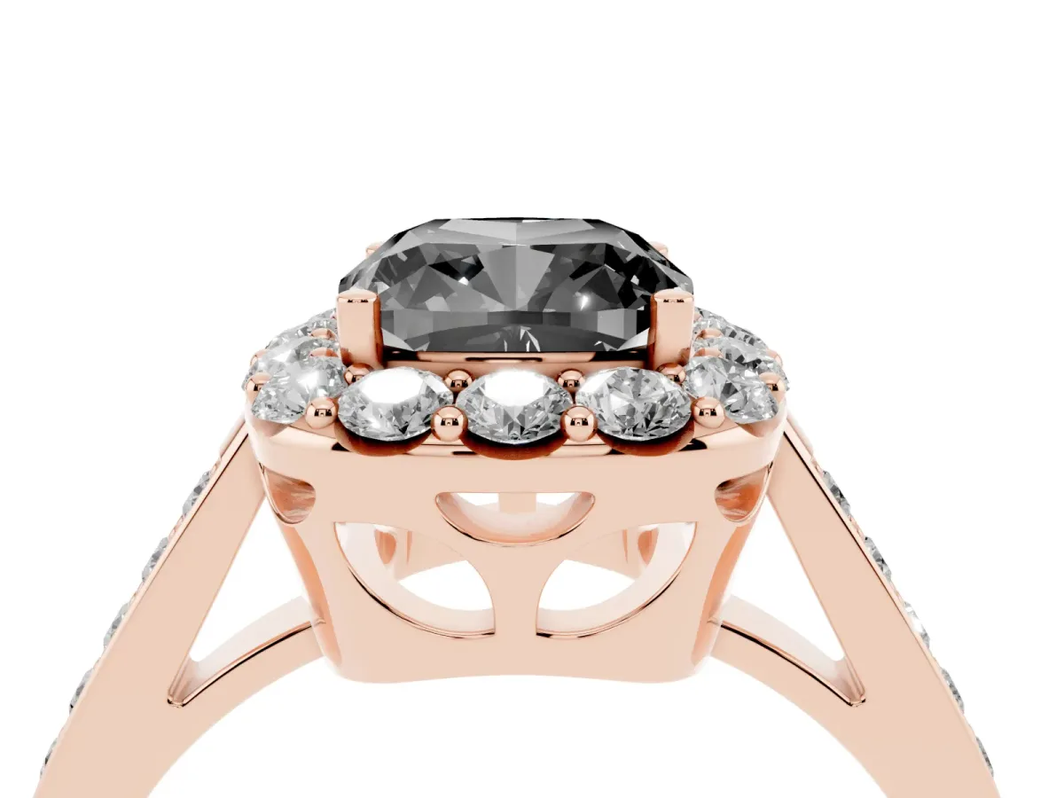 Fancy Black Cushion Cut Diamond Floral Halo Ring with Pavé Band and Prong Setting Rose gold