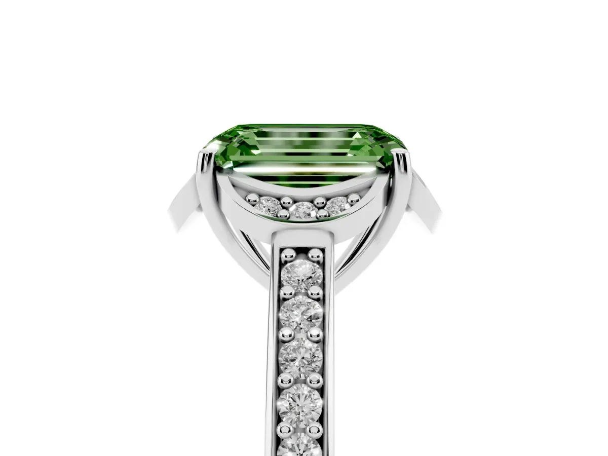 Fancy Green Emerald Cut Cut Halo Diamond Ring with Channel Set Band and Four-Prong Setting Platinum