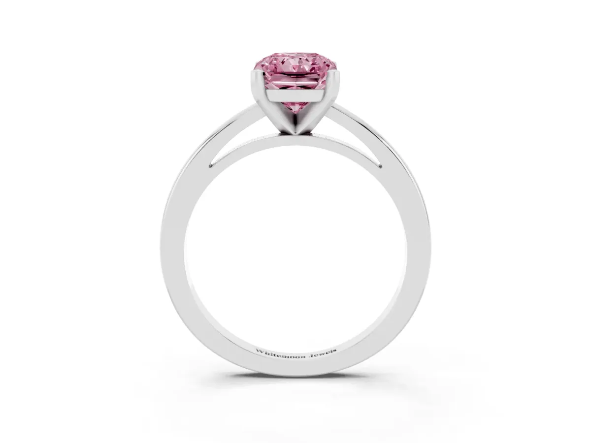 Fancy Pink Radiant Cut Solitaire Diamond Engagement Ring with Four-Prong Setting on a Classic Band Silver