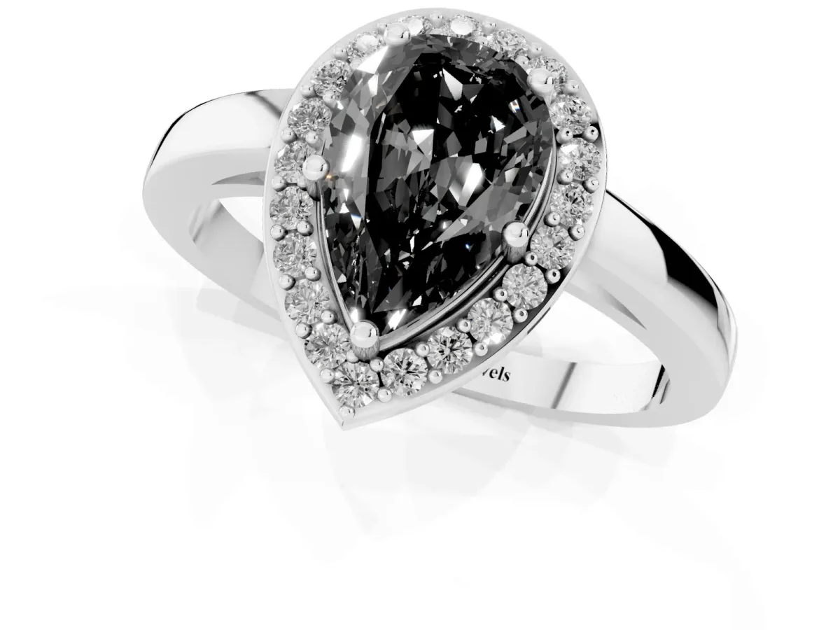 Fancy Black Pear Cut Halo Diamond Ring with Solitaire Band and Prong Setting Silver