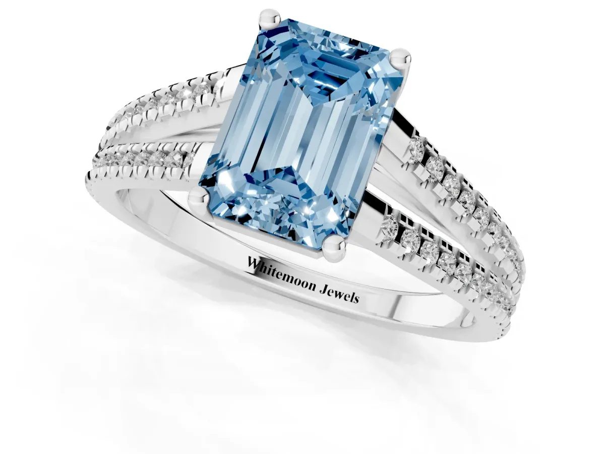 Fancy Blue Emerald Cut Diamond Solitaire Engagement Ring with Split Shank Pavé Band Platinum