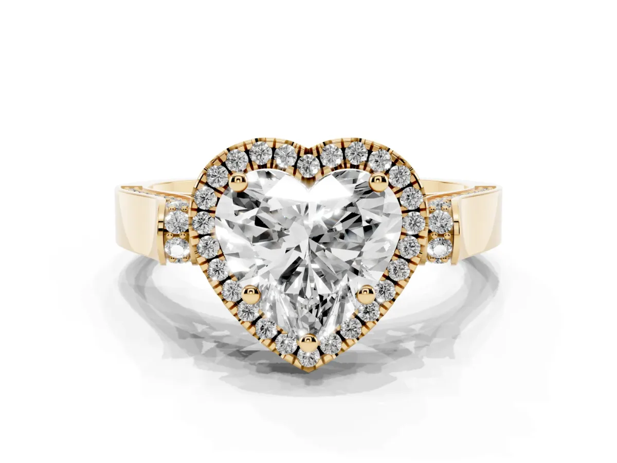 Heart Cut Halo Round Diamond Twist Band with Four-Prong Setting Yellow gold