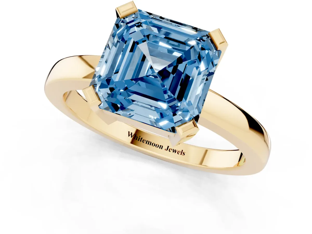 Fancy Blue Asscher Cut Cut Solitaire Ring with Four-Prong Setting and Classic Band Yellow gold