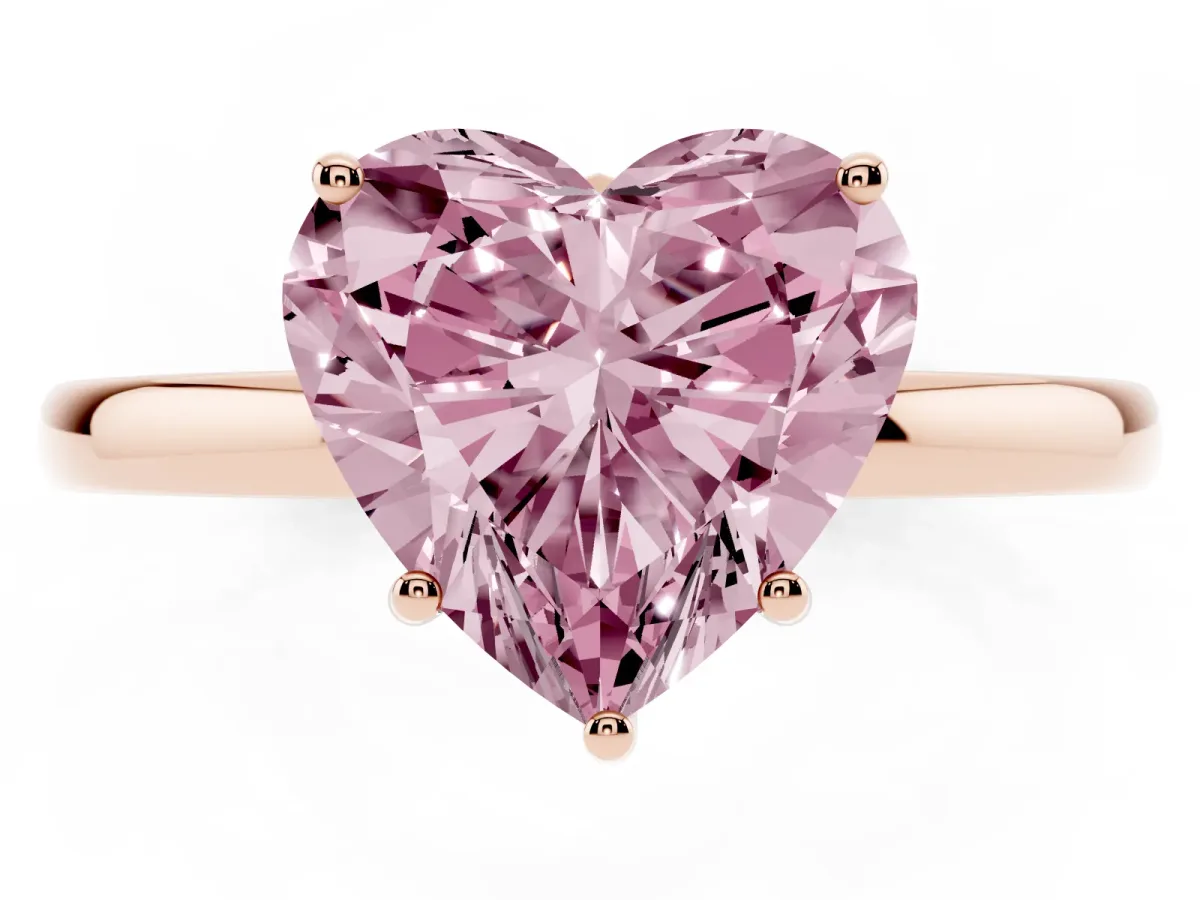 Fancy Pink Heart Cut Solitaire Diamond Ring with Prong Setting and Plain Band Rose gold