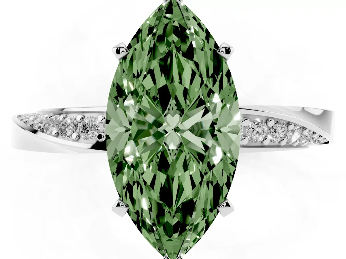Fancy Green Marquise Cut Diamond Engagement Ring with Side Stone Accents and Four-Prong Setting Silver