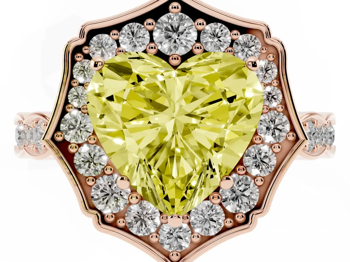 Fancy Yellow Heart Cut Halo Diamond Engagement Ring with Milgrain Band and Four-Prong Setting Rose gold