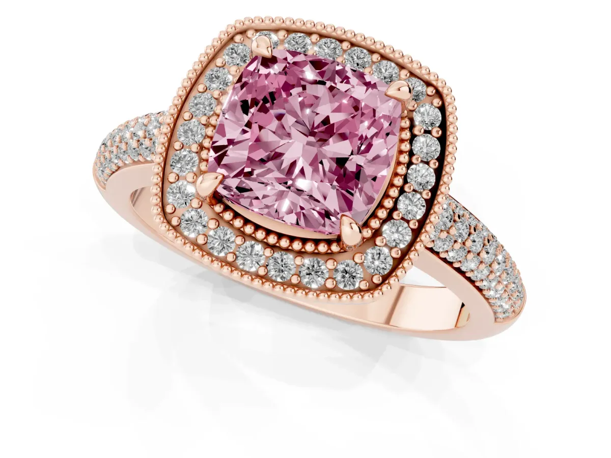 Fancy Pink Cushion Cut Cut Halo Diamond Pave Band with Four-Prong Setting Rose gold