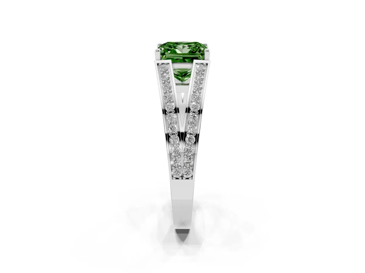 Fancy Green Princess Cut Diamond Split Shank Ring with Pavé Band and Four-Prong Setting Platinum