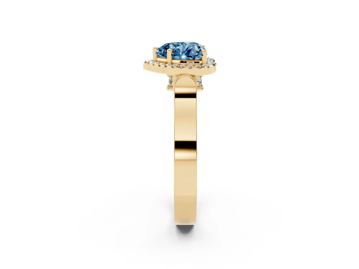 Fancy Blue Heart Cut Halo Round Diamond Twist Band with Four-Prong Setting Yellow gold