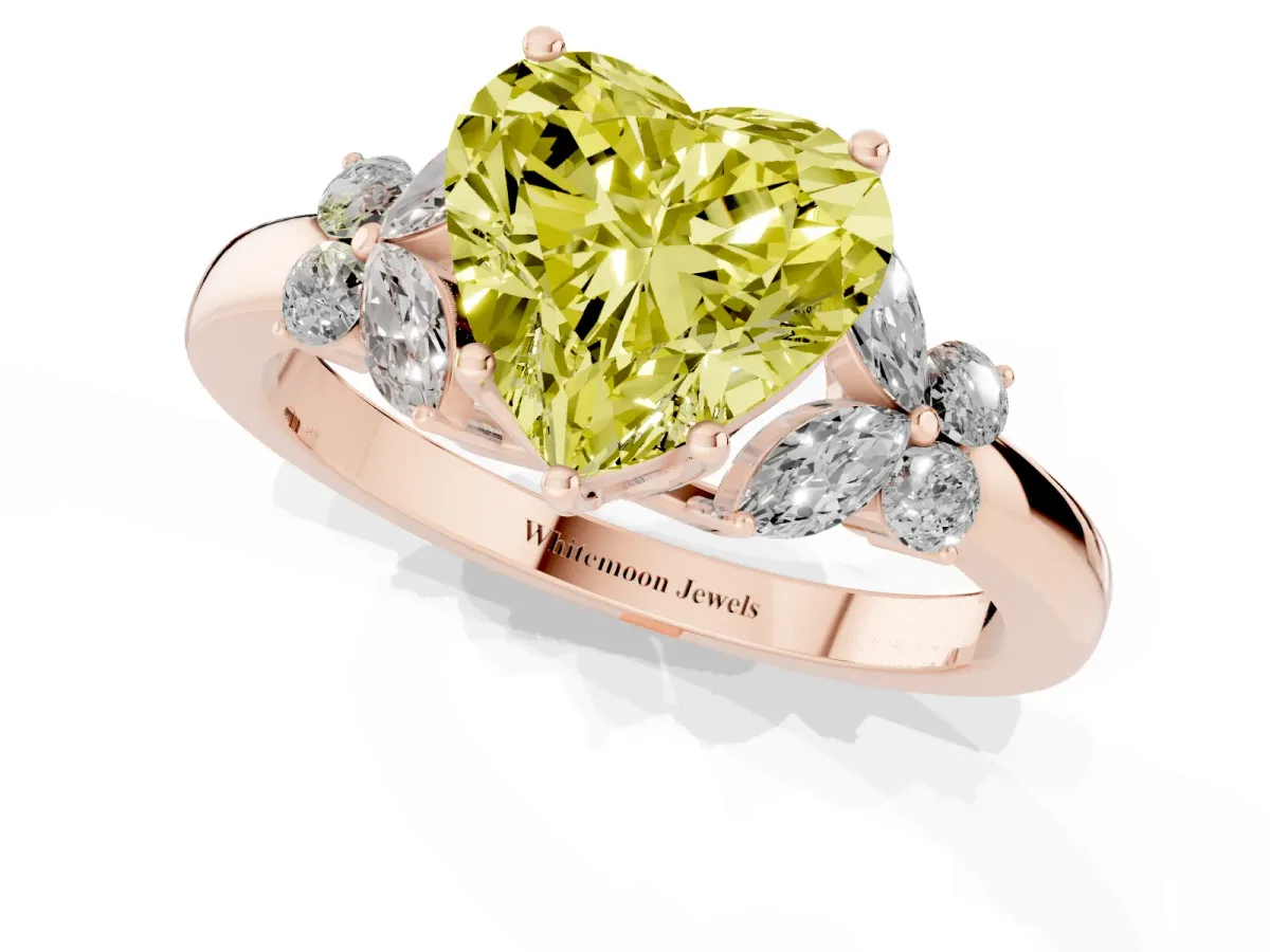 Fancy Yellow Heart Cut Cut Solitaire Floral Diamond Ring with Four-Prong Setting Rose gold