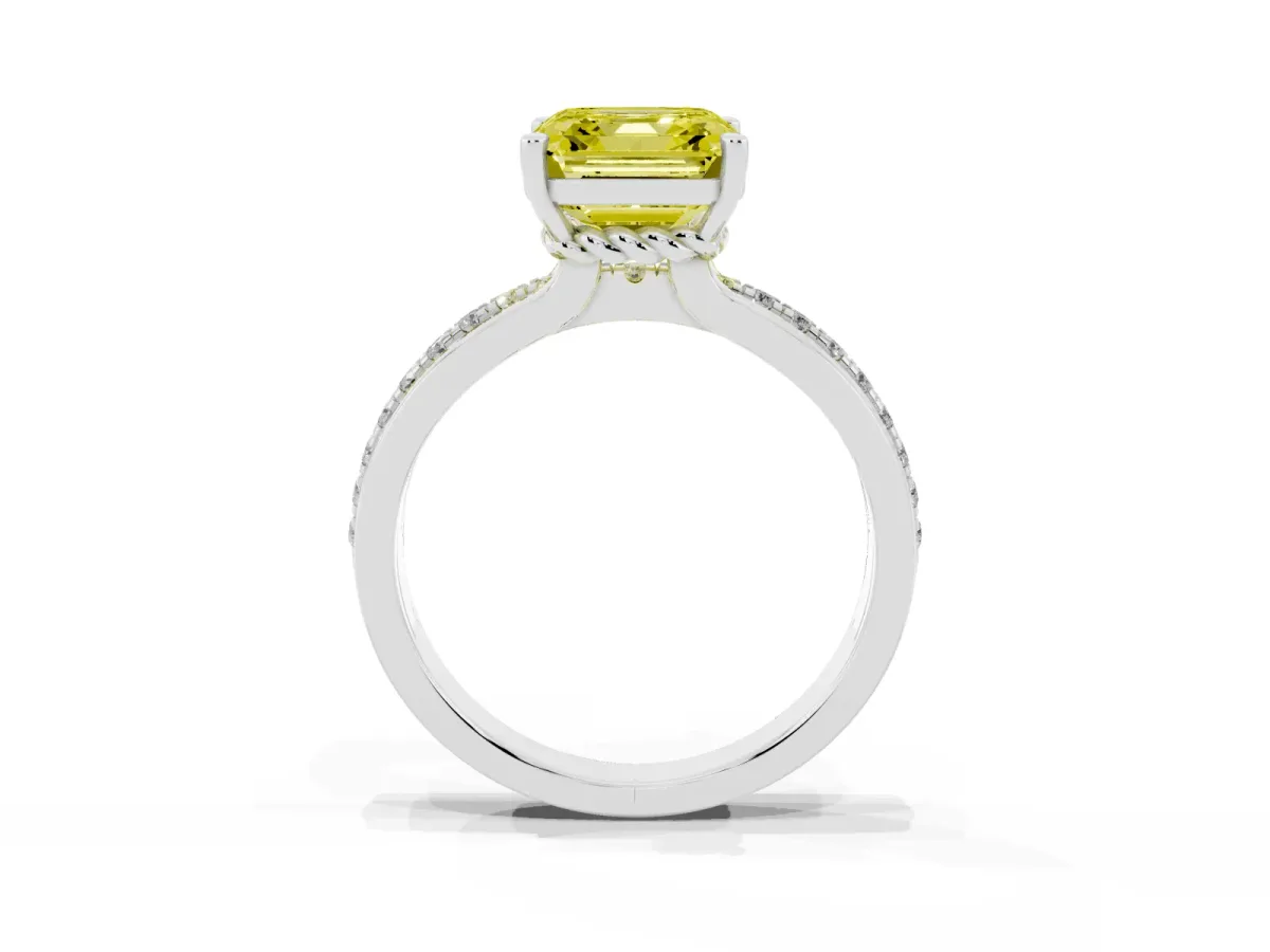 Fancy Yellow Asscher Cut Solitaire Diamond Ring with Channel Set Band and Six-Prong Setting White gold