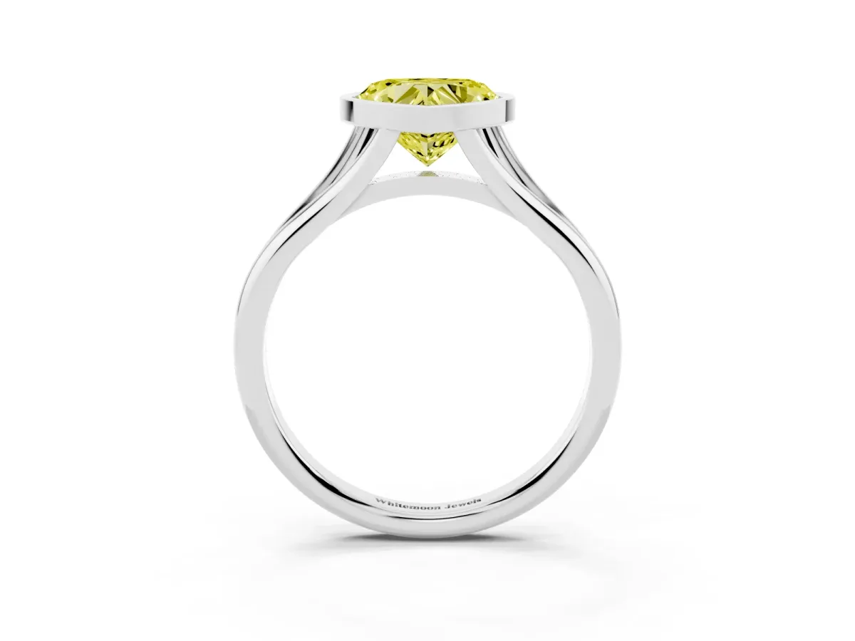 Fancy Yellow Bezel Set Heart Cut Cut Solitaire Ring with Tapered Band White gold