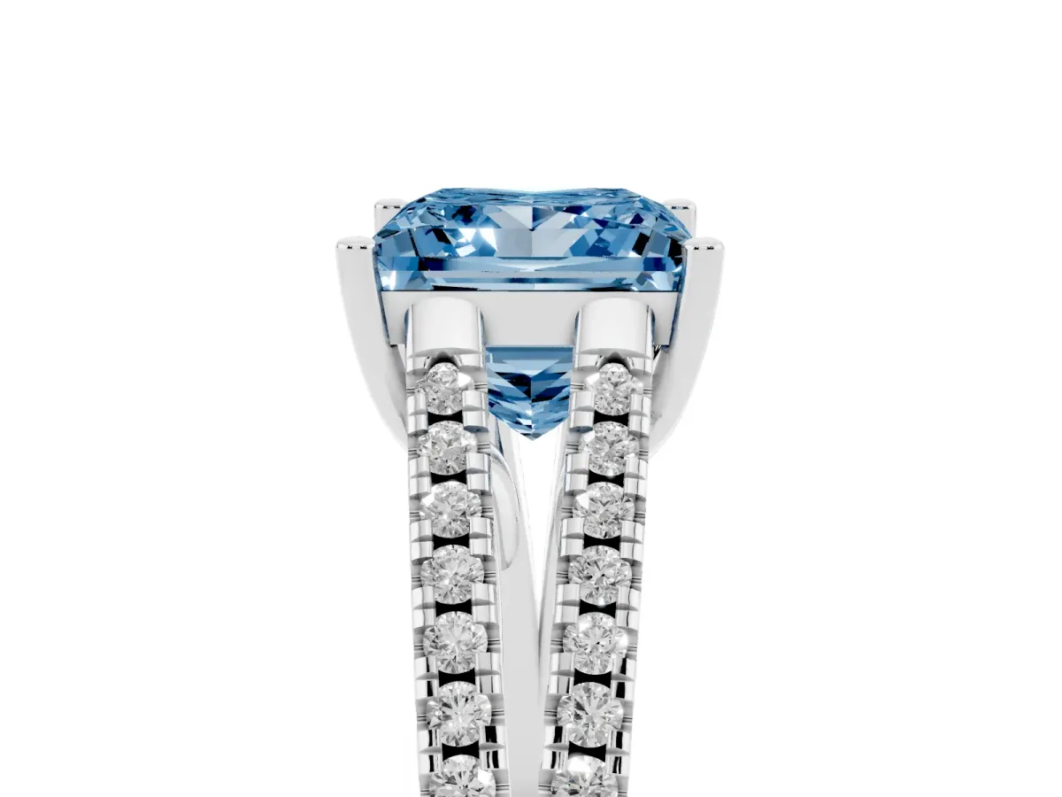 Fancy Blue Princess Cut Diamond Solitaire Engagement Ring with Split Shank Pavé Band Platinum