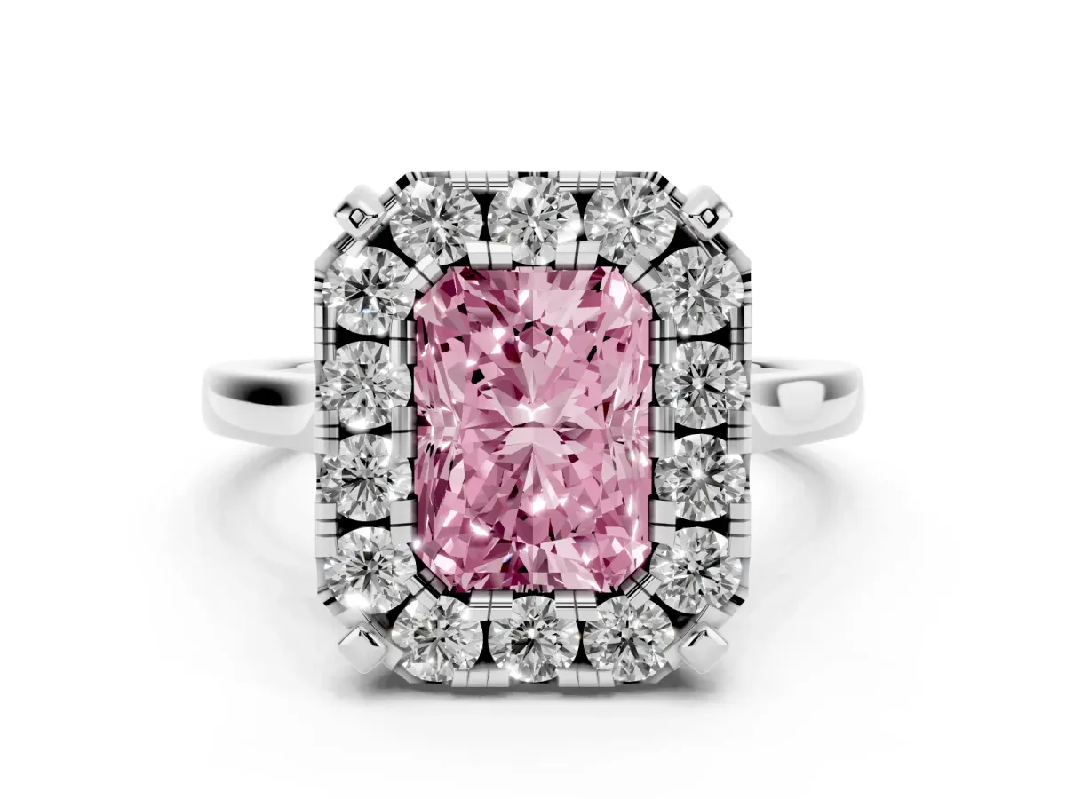 Fancy Pink Radiant Cut Diamond Cluster Halo Solitaire with Four-Prong Setting Silver