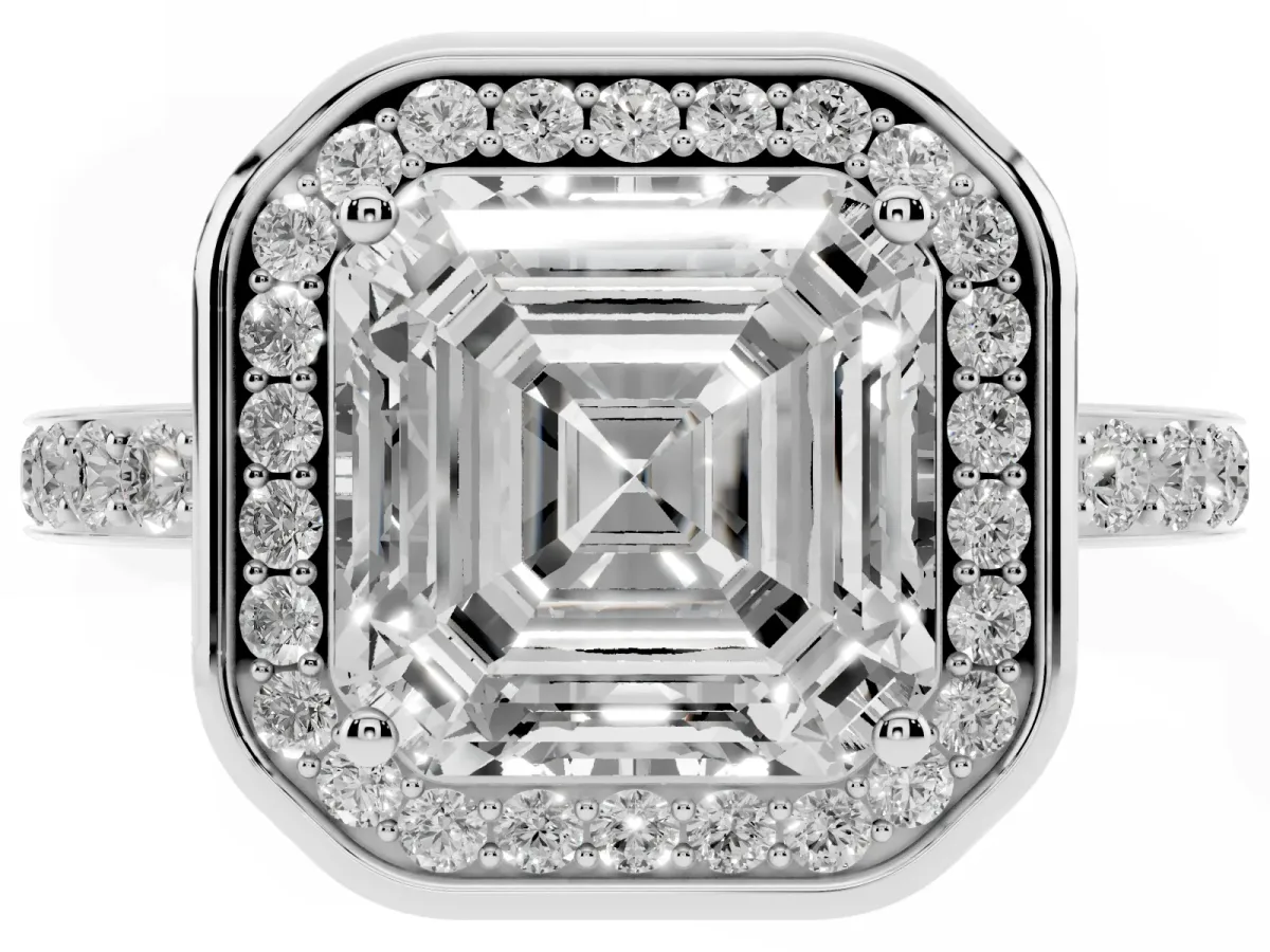 Asscher Cut Diamond Halo Ring with Bezel Frame and Pavé Band Silver