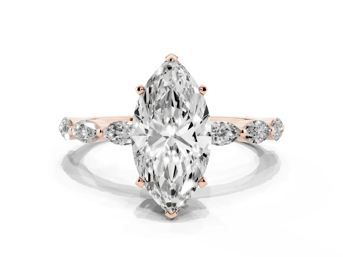 Marquise Cut Diamond Ring with Marquise Side Stones and Prong Setting Rose gold