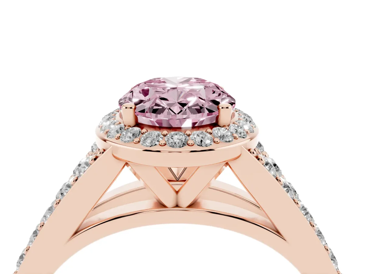 Fancy Pink Oval Cut Diamond Split Shank Halo Ring with Four-Prong Setting Rose gold