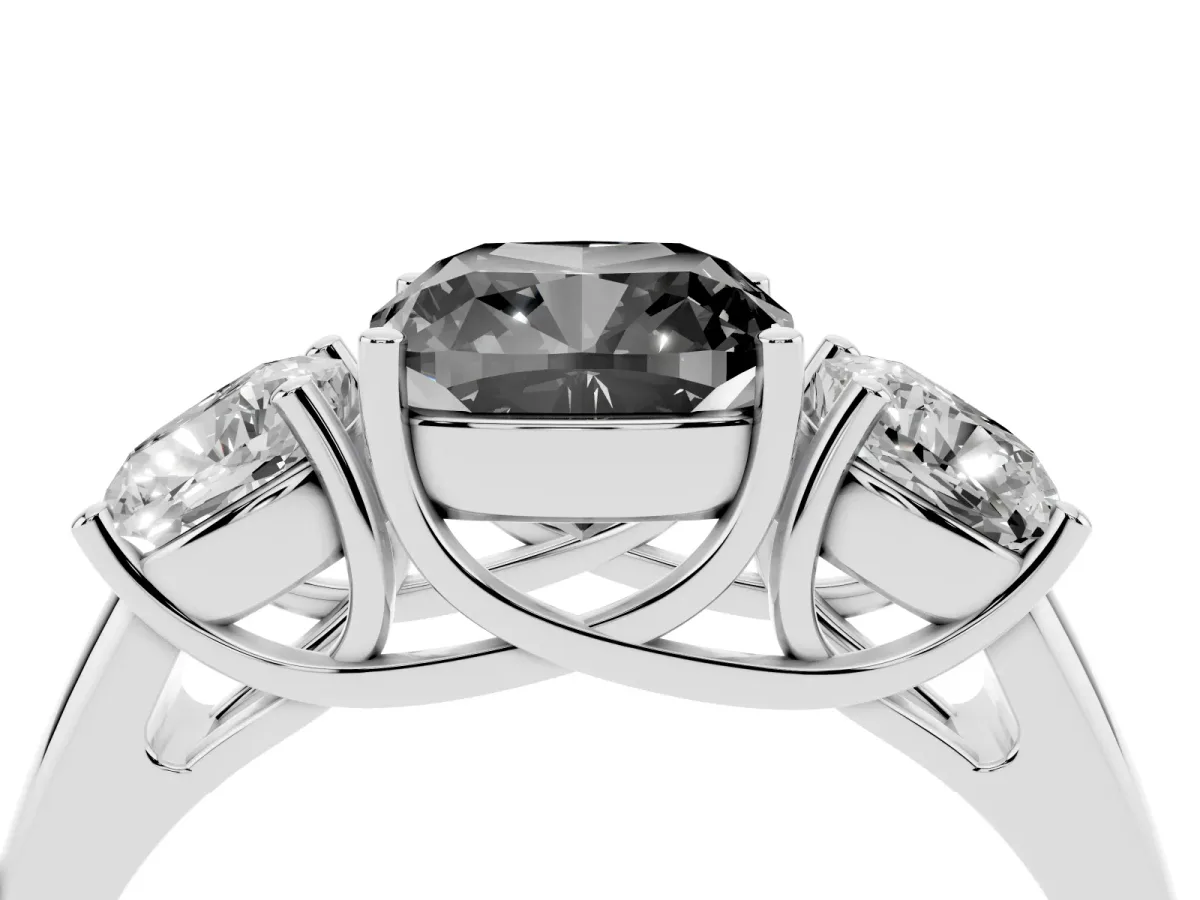 Fancy Black Three-Stone Cushion Cut Diamond Engagement Ring with Prong Setting Silver