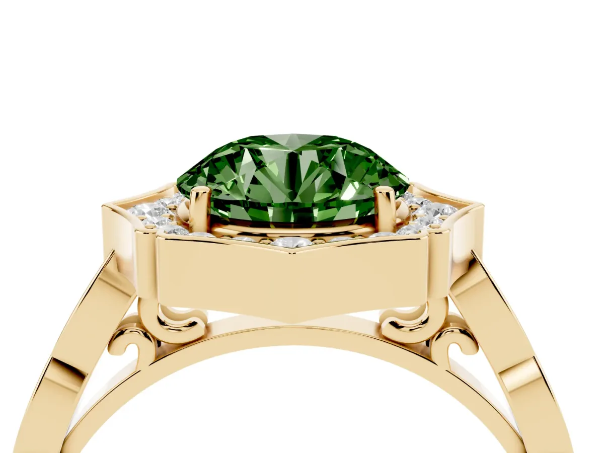 Fancy Green Round Cut Halo Diamond Engagement Ring with Milgrain Band and Four-Prong Setting Yellow gold