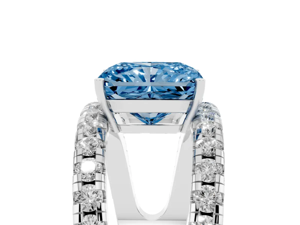 Fancy Blue Radiant Cut Solitaire Split Shank Pave Diamond Ring Platinum