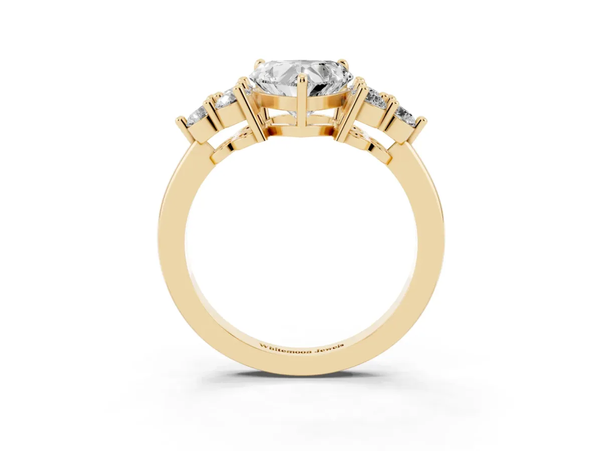Heart Cut Brilliant Diamond Cluster Accent Solitaire Ring with Prong Setting Yellow gold