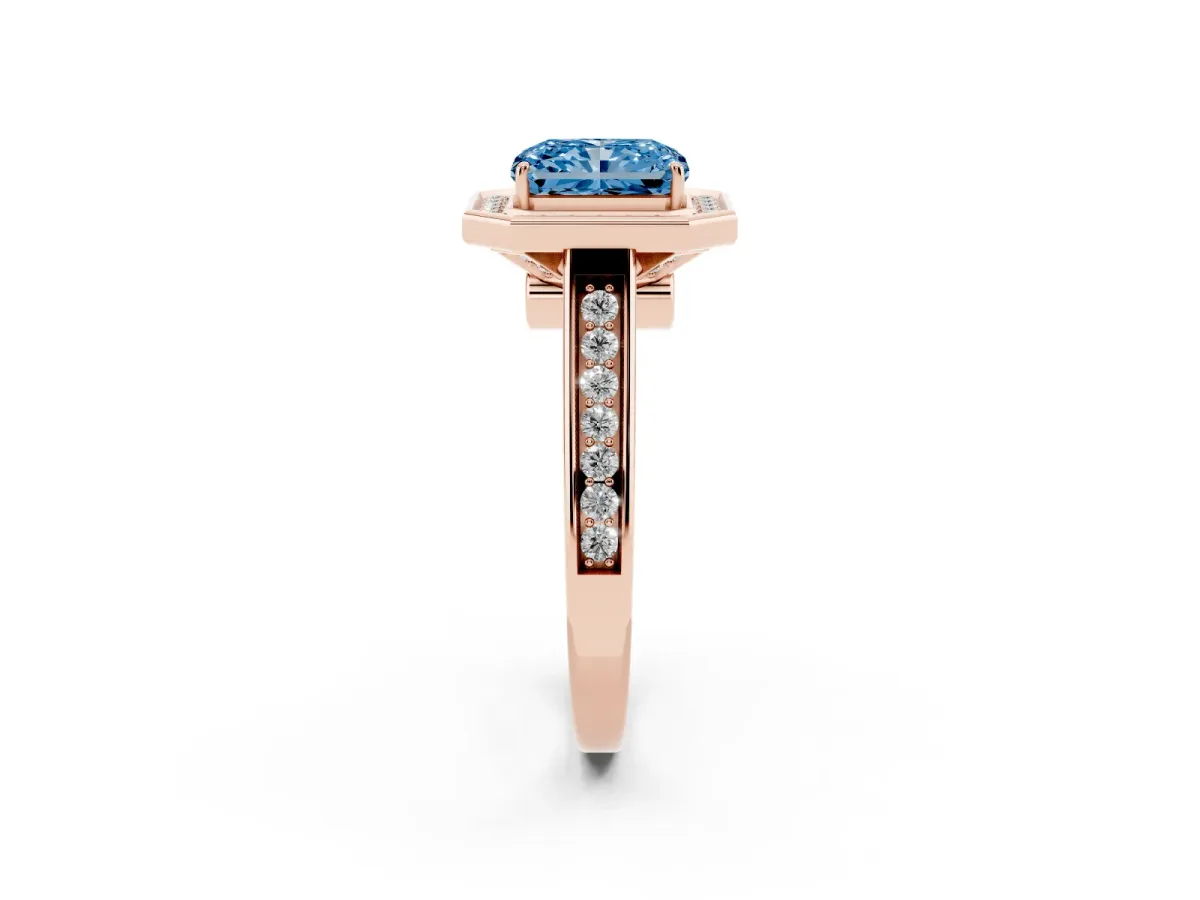 Fancy Blue Emerald Cut Halo Solitaire Diamond Ring with Pave Band and Bezel Setting Rose gold